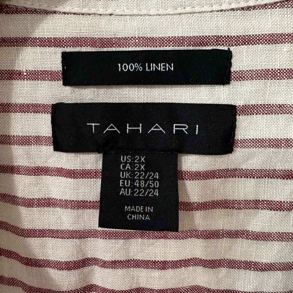 Tahari Linen Tunic Top Red Striped 3/4 Sleeve Split Neck Collared Womens Size 2X - Picture 5 of 6